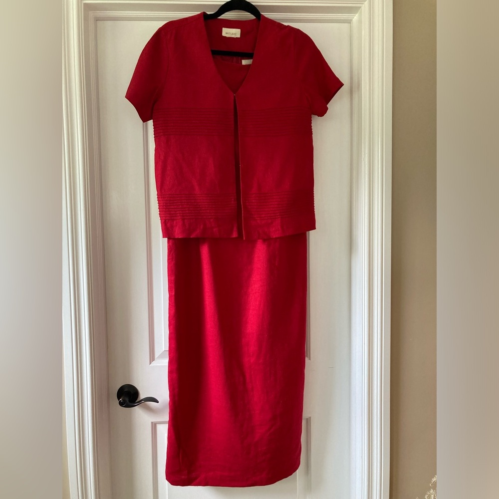 VTG Mosaic Red 2 Pc Maxi Dress W Jacket Sz 8 Linen Rayon Blend Fully Lined Dress